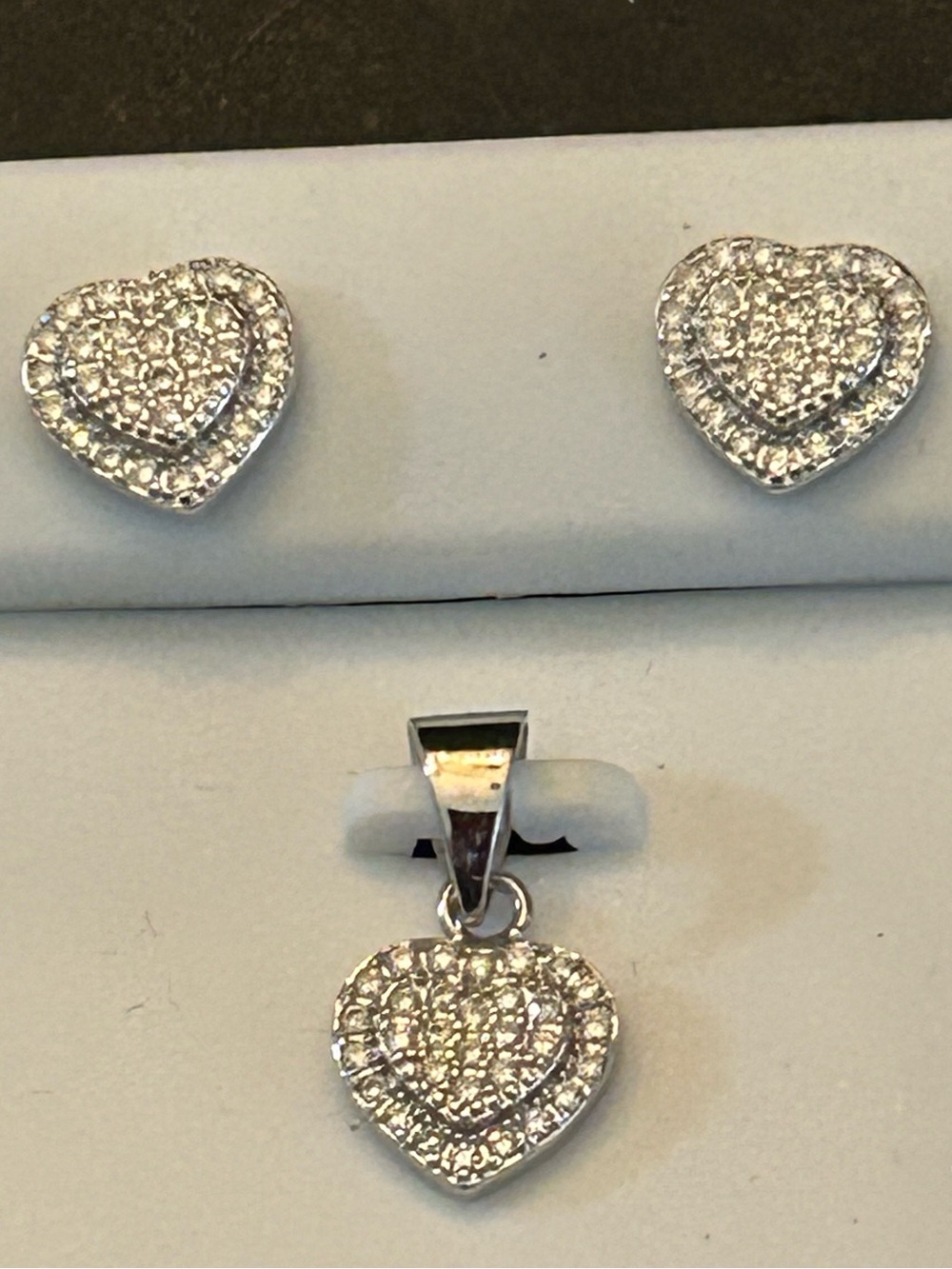 1.50CTW Dainty Moissanite Pavé Heart Stud Earrings & Pendant Set in SSilver